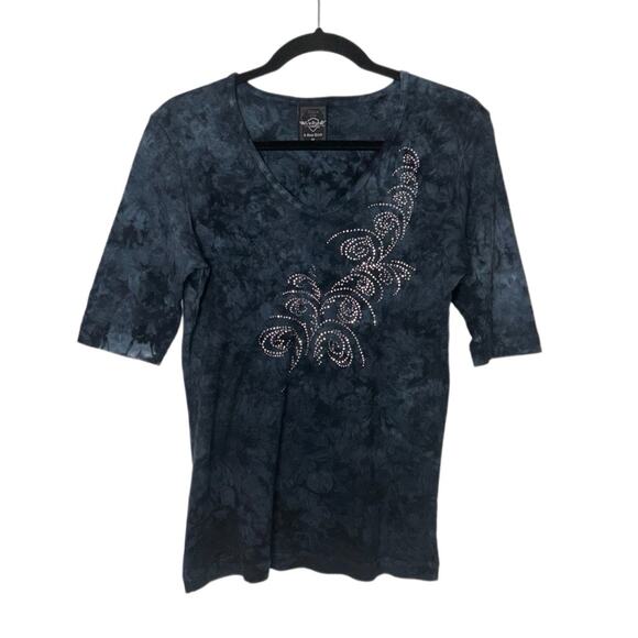 Sledge Shirt Women's Medium Y2K Scoop Neck Navy Blue, Black Silver rhinestones - Picture 1 of 16